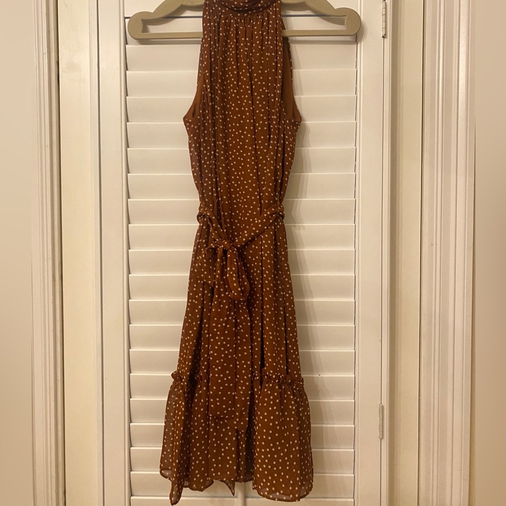High neck with tie brown polka dot dress